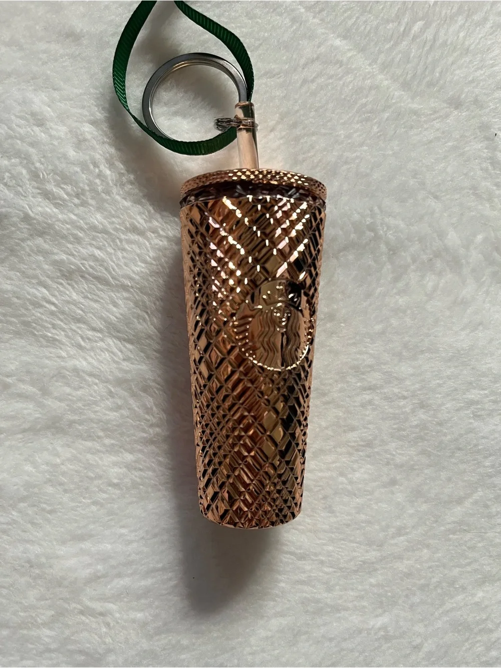 Starbucks Rose Gold Textured Tumbler Keychain with Green Ribbon Loop